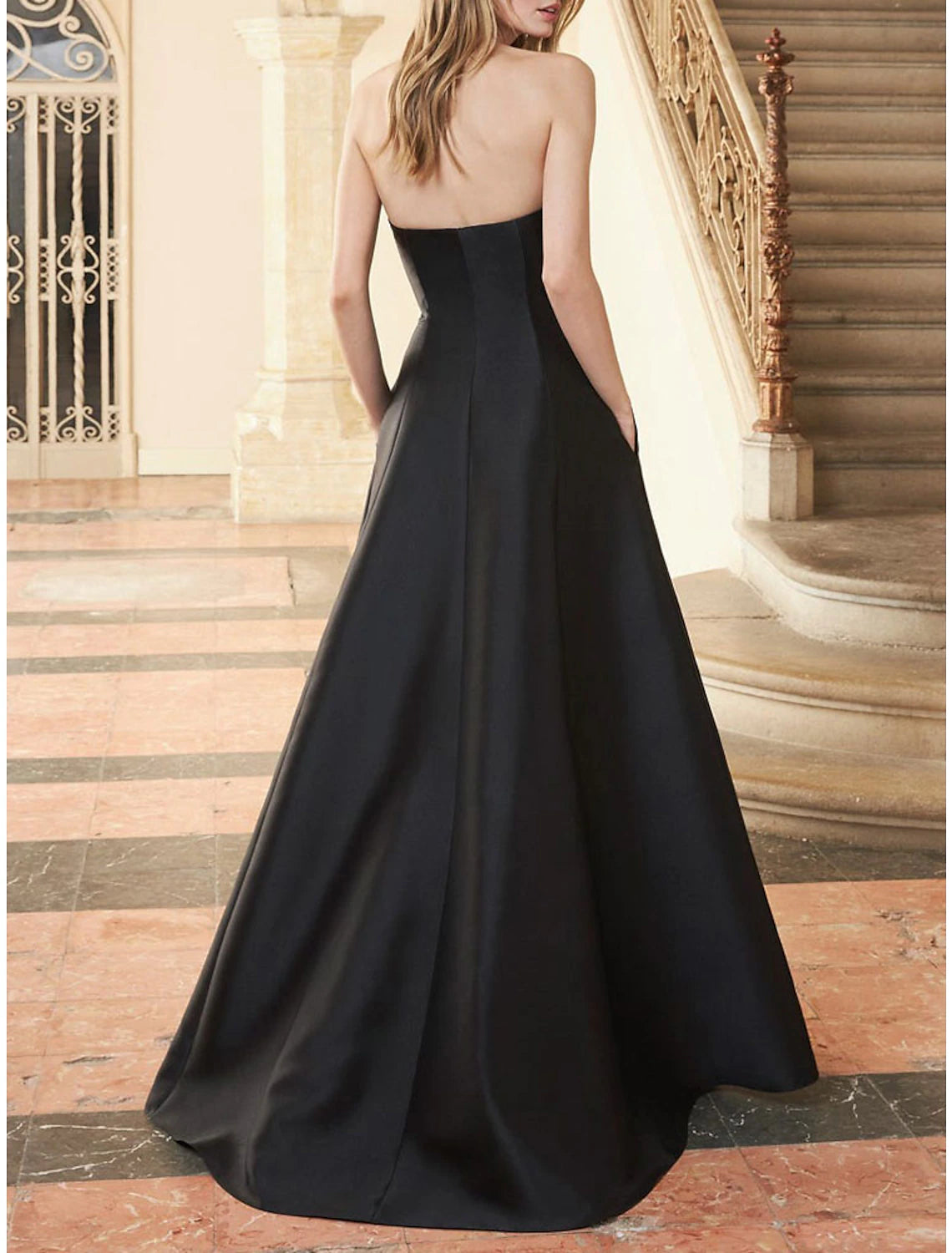 A-Line Evening Gown Sexy Dress Formal Wedding Party Sweep / Brush Train Sleeveless Sweetheart Pocket Cotton Backless with Ruched Butterfly Pure Color
